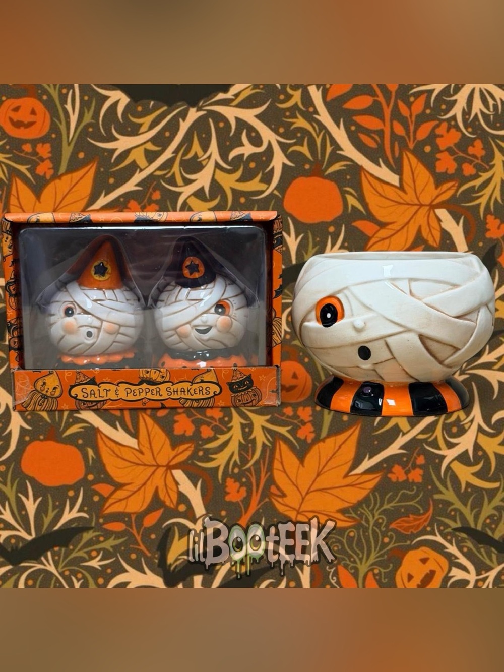 Johanna Parker Vintage Style Halloween Mummy Salt & Pepper Shakers & Bowl BUNDLE